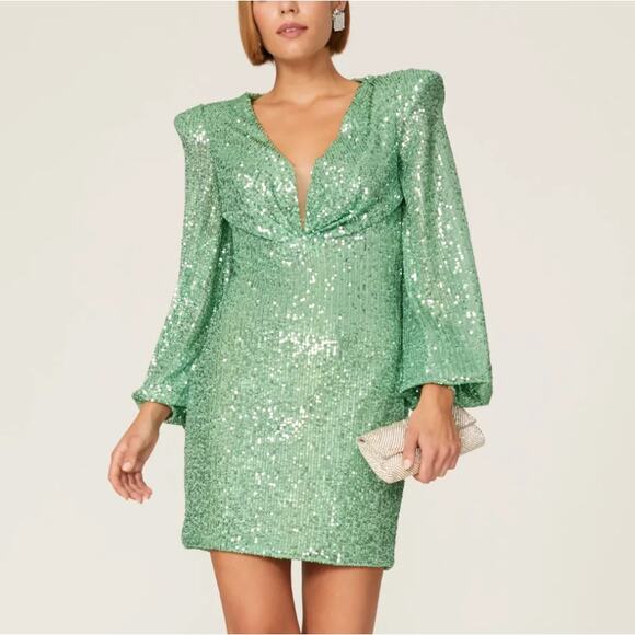 Mac Duggal Mint Green Sequin Mini Dress Size 6 Semi-Formal Balloon Designer $358 - Picture 1 of 11